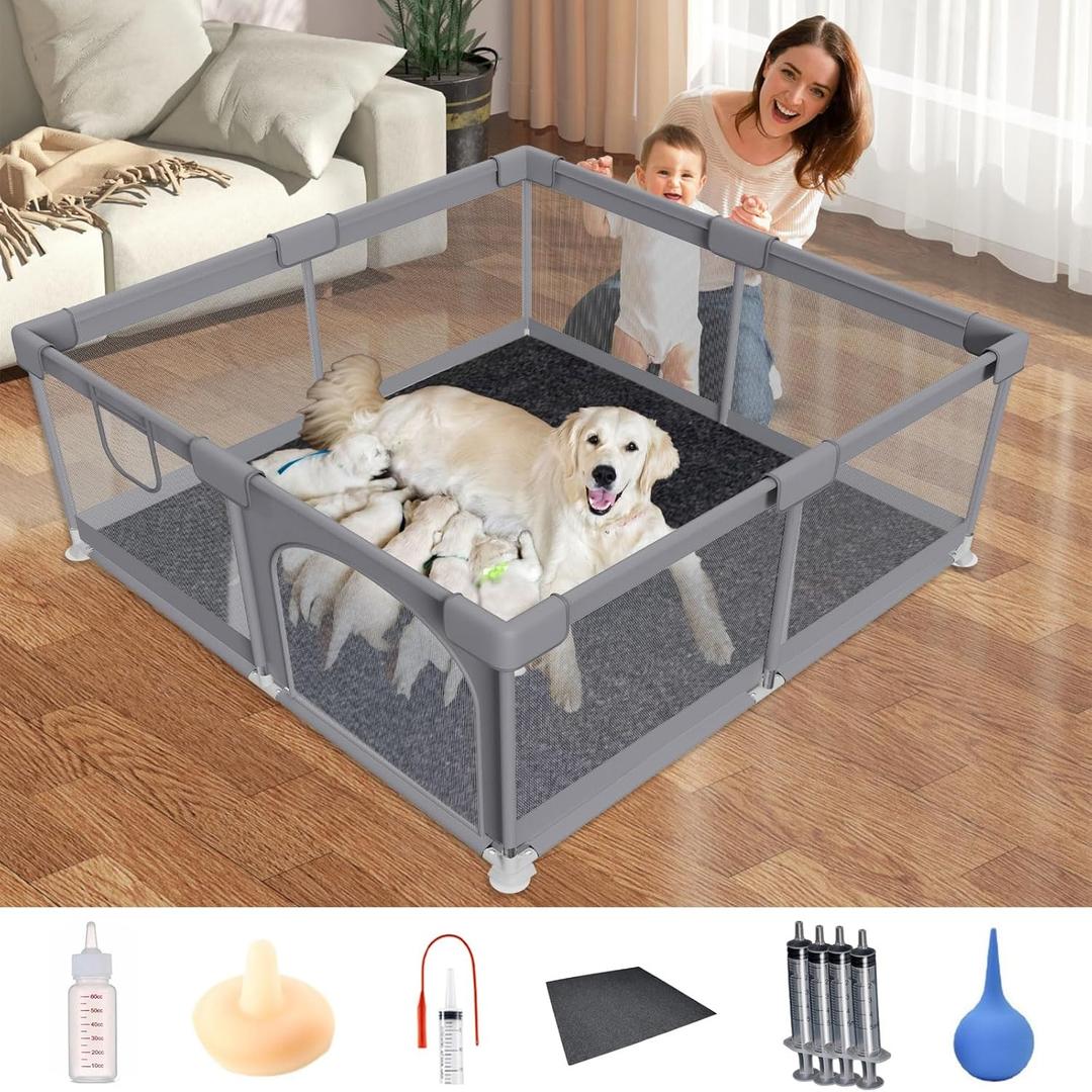 Whelping Box for Dogs, 50''x50''x26.5'', Sturdy Dog Playpen with Tear-Resistant Transparent Mesh Fabric, Include Sterile Mucus Extractor Catheter