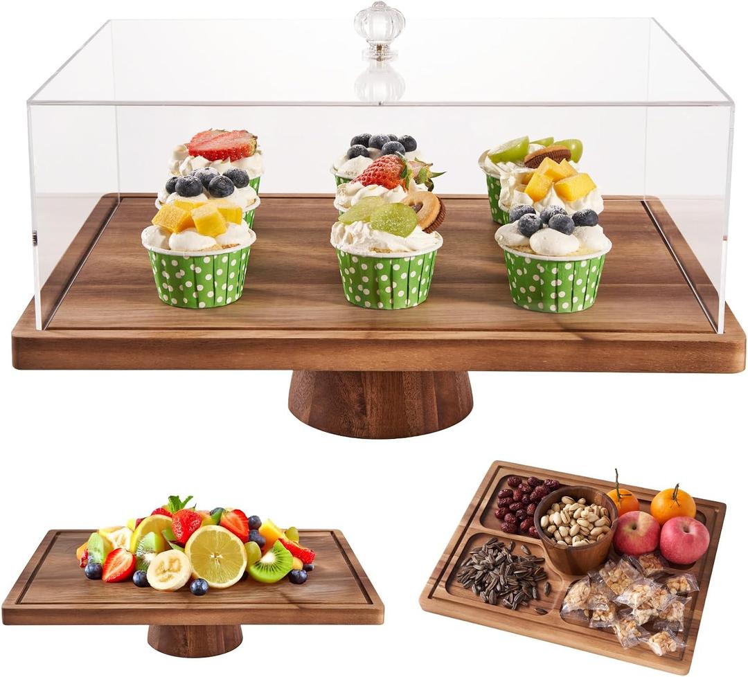 Large Cake Stand with Lid, 17 Rectangular Multi-Functional Cake Holder, Acacia Solid Wood 2-in-1 Dessert Table Display Set, Charcuterie Board for Cheese ,Fruit Platter, Acrylic Cake Dome Cover