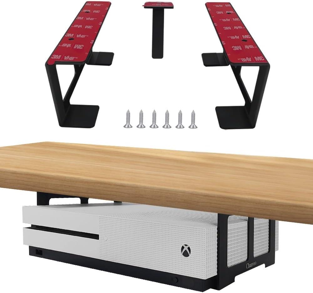 No Drill Aluminum Universal Under Desk Mount Holder for Xbox Series S, Xbox One S/X, Xbox 360, PS4 Slim/Pro, Desktop Mini PC with Adhesive (Black)