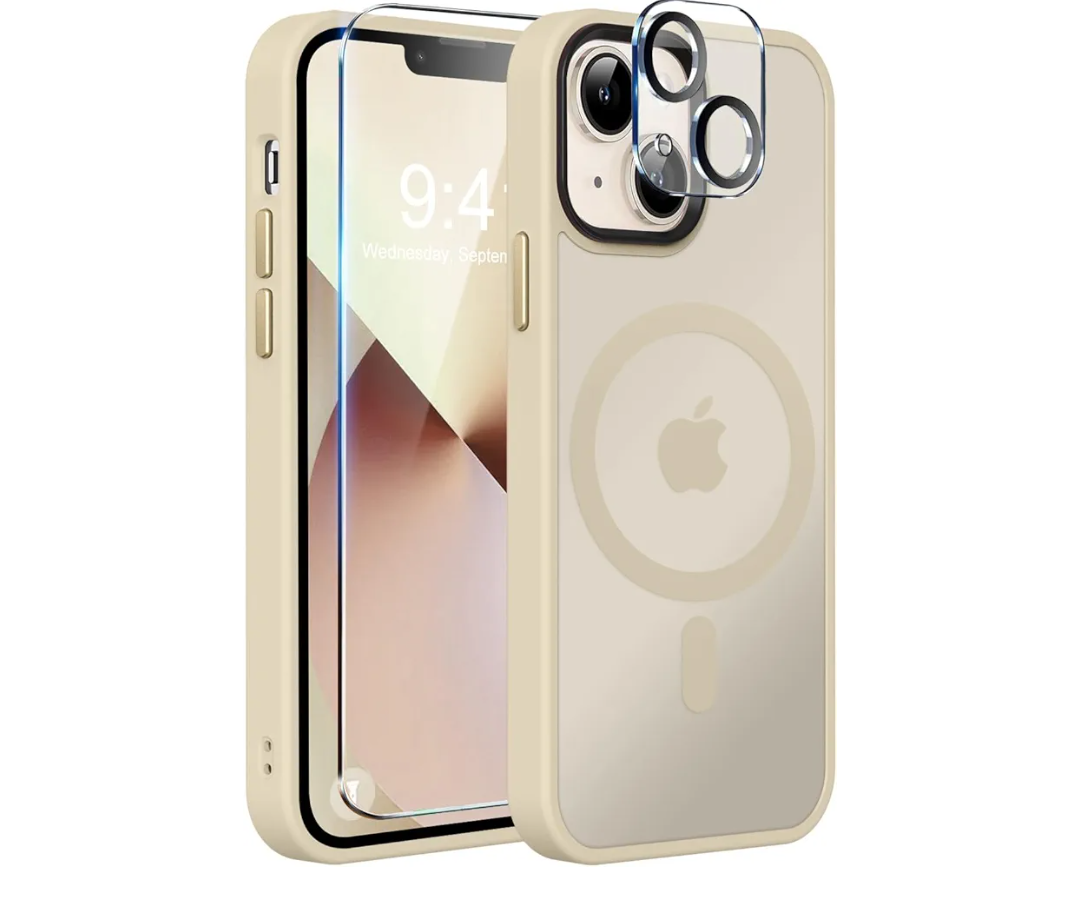 MOCCA Strong Magnetic for iPhone 13 Case, [Compatible with Magsafe][Screen Protector+Camera Lens Protector] Translucent Matte Back Slim Shockproof Case for iPhone 13 Phone Case 6.1", Light Gold