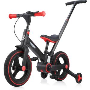 EOOWOY Balance Bike with Push Handle for Kids 18-60 Months, 6 in 1 Foldable Push Bike with Training Wheels & Pedals, Balance Bicycle for Boys and Girls with Brakes & Kickstand, Black