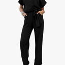 PRETTYGARDEN Women's Summer One Piece Jumpsuits Belted Short Sleeve Wrap V Neck Fashion Dressy Casual Wide Leg Pants Romper, XL