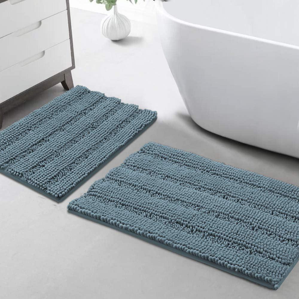 Turquoize Chenille Bathroom Rugs Set - Non-Slip Bath Mats for Bathroom Floor, Kitchen/Entryway (20" x 32" and 17" x 24"), Stone Blue