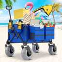 Beach Wagon with Big Wheels for Sand, 350lbs Heavy Duty Folding Wagon, Oversized 180L, 9" PVC All-Terrain Wheels, Adjustable Handle, Cooler & Storage Bags for Beach, Camping & Outdoor Sports (Blue)