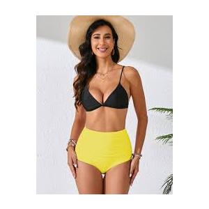 Halcurt Women's High Waisted Swim Bottoms Full Coverage Bikini Swimsuit Bottoms Yellow M