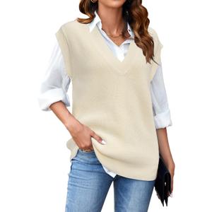 Arach&Cloz Womens Sweater Vest 2024 Fall Winter Knitted V Neck Oversized Casual Cap Sleeve Pullover Tank Tops (Beige, M)