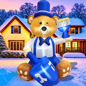 AerWo Inflatable Bear Holding Menorah & Dreidel with LED Lights - Hanukkah Decorations for Indoor/Outdoor Use
