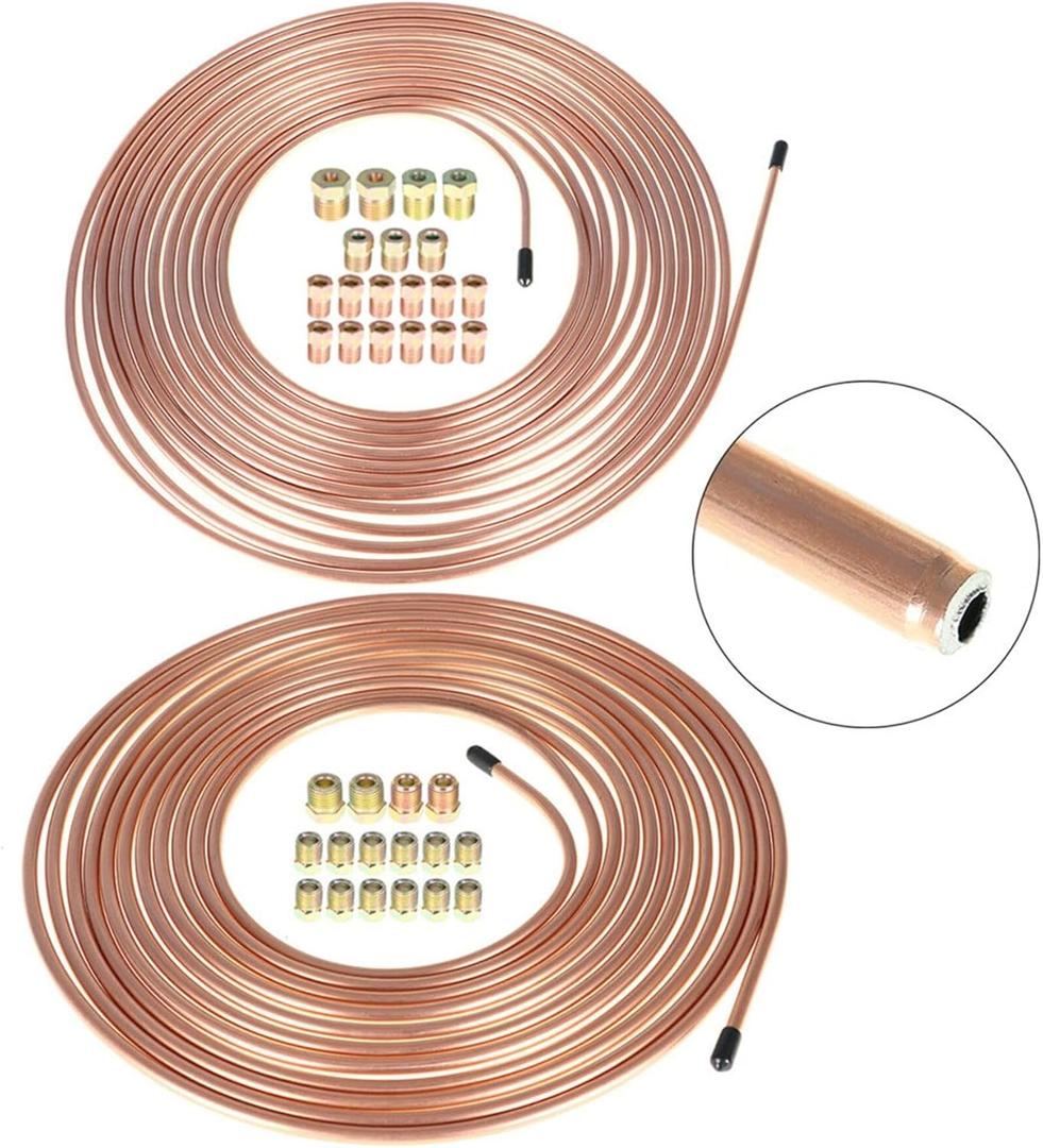 waltyotur Upgraded Flexible 25 Ft. 1/4 & 3/16 Brake Line Tubing Kit Copper Plating Tube Roll (Includes 16 & 16 Fittings)