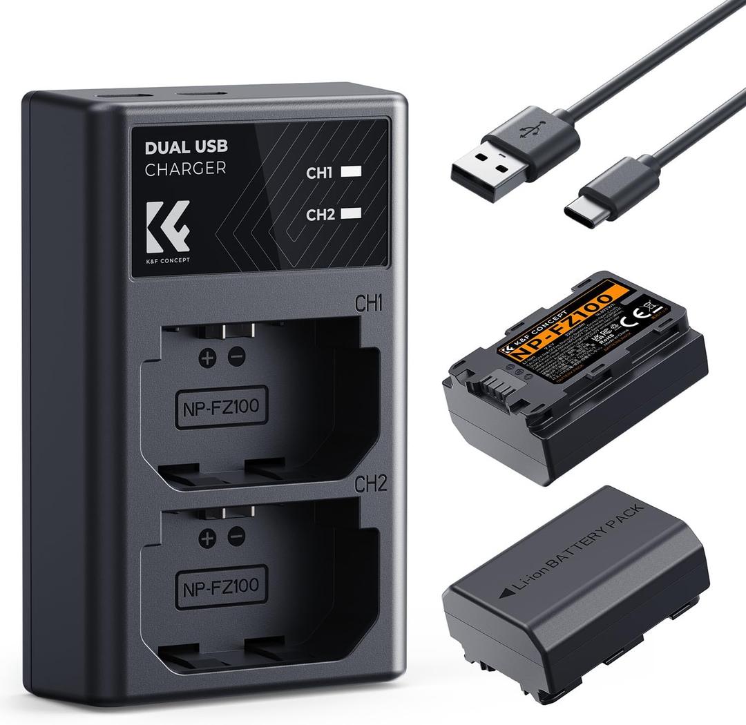 K&F CONCEPT NP-FZ100 2280mAH Battery and Dual Slot Charger Set for Sony A7iii, A7iv, A7C, A6700, A6600, ZV-E1, ZV-E10ii, FX3, FX30, A9, Alpha 9, Alpha 9S, A9S, A7R3, A7R4 Camera Batteries