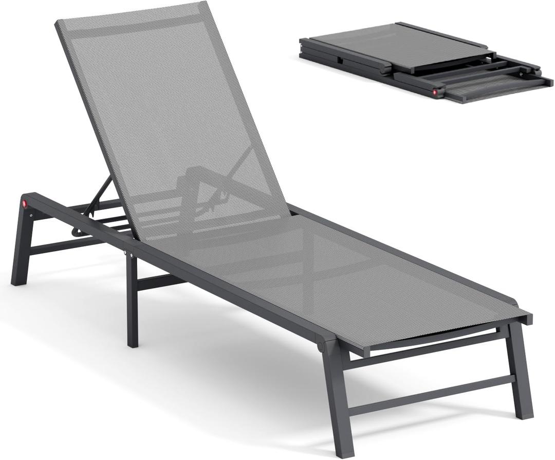 Aluminum Chaise Lounge Chair Outdoor, Foldable Patio Lounge Chair Assemble-Free, Pool Lounge Chairs with 5 Adjustable Backrest, Outdoor Lounge Chairs for Outside Poolside Beach Lawn Grey