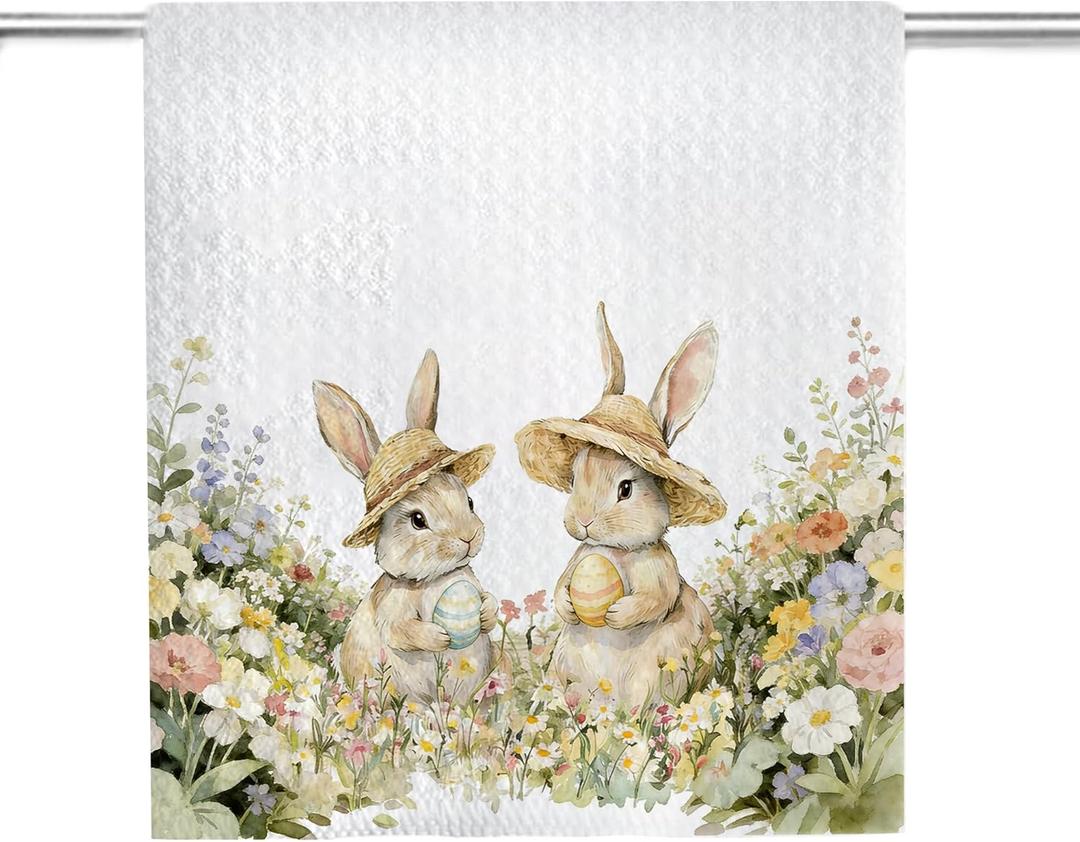 Spring Easter Bunny Hand Towel, Easter Bunny Rabbit Eggs Flowers Kitchen Dish Towel for Kitchen Bathroom Hotel Gym Spa Decor, Bunny Gifts for Women, 16 x 24 in Seasonal Decoration Towels