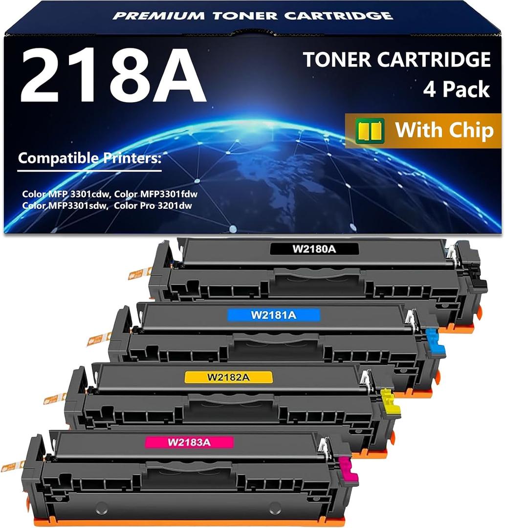 APRONE 218A Toner Cartridges 4 Pack (with Chip) Compatible for HP 218A 218X W2180A W2181A W2182A W2183A Works with Color Pro 3201, MFP 3301 Series (Black/Cyan/Magenta/Yellow)