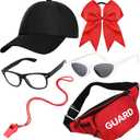 6 Pack Halloween Beach Couple Costume Include Baseball Hat Black Glasses Red Headband White Frame Sunglasses Whistle and Fanny Pack for Men Women Party Dress Up