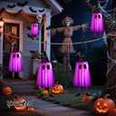 3P Lights Up Hanging Ghosts Halloween Decorations Outdoor(Purple & Orange), Timer, IP65 Waterproof, Battery Operated Halloween Lights with Witch Hats, Holiday Decorations for Tree Patio Garden