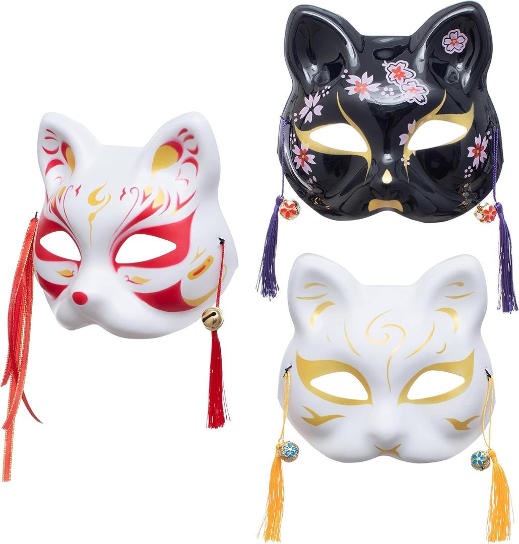 3Pcs Japanese Kitsune Inu Boku Fox Cat Cute Cosplay Half Mask Masquerade Christmas (One Size)