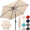 FLAME&SHADE 7.5 FT Solar Light Patio Umbrella, 24 LED Lights Outdoor Umbrella with Centre Surround Light, Table Umbrella Outdoor Patio for Deck, Pool, Backyard, Garden, UV Protection (Beige)