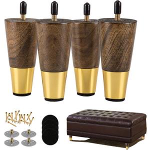 Wood Furniture Leg Sofa Legs 4 Inch Brown Round Tapered Mid-Century Modern Feet with Brass Base Replacement Legs for Cabinets,Coffee Table,Ottoman,TV Stand,Loveseat,Armchair Set of 4