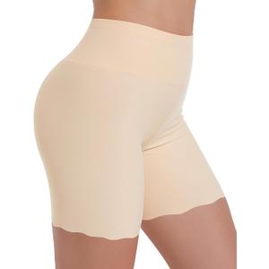 High-Waisted Slip Shorts for Under Dresses Women Anti Chafing Cooling Shorts Boyshorts with Scalloped Bottom (Large, Beige)