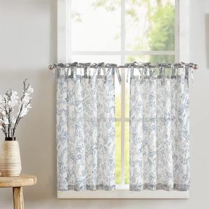 jinchan Linen Kitchen Curtains Floral Printed Tier Curtains 36 Inch Length Farmhouse Cafe Drapes for Small Windows Tie Top Botanic for Country Rustic Laundry Room Bathroom RV 2 Panels Blue on Beige