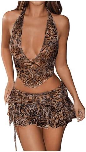SHENHE Women's 2 Piece Skirt Sets Y2k Rave Outfits Summer Leopard Halter Top Ruffle Mini Skirt Sets Going Out Dress