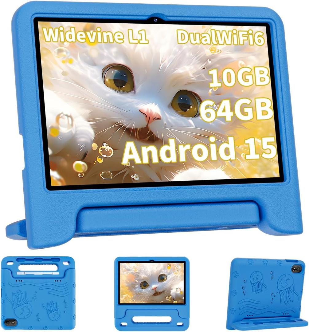 2026 Upgraded Android 15 Tablet, 10inch Kids Tablet, Octa-core CPU, 10GB+64GB+1TB Expand Tablets for Kids with Kids Space, Parental Control, 6000mAh Big Battery,Touchscreen Tableta,Blue