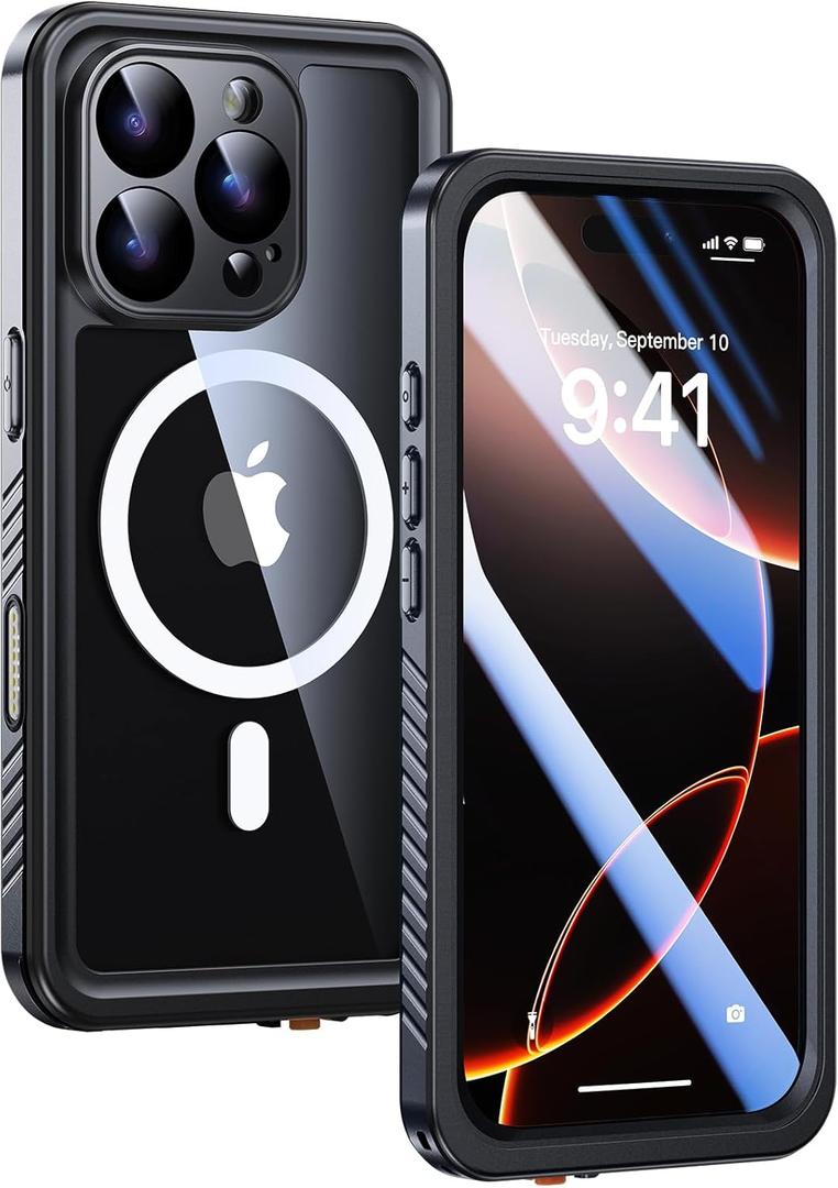 Lanhiem Magnetic for iPhone 16 Pro Max Waterproof Case, Dustproof Shockproof Case Built-in Screen & Camera Protection [Compatible with MagSafe], Full Body Heavy Duty Phone Cover 6.9" (Black/Clear)