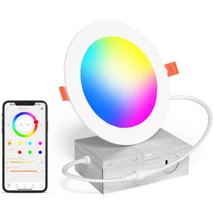 Smart Recessed Lighting 4 Inch RGBCW Color Changing 12W LED Recessed Ceiling Lights with Junction Box,1080LM Canless Downlight Compatible with Alexa,Dimmable by Bluetooth Control (1 Pack)
