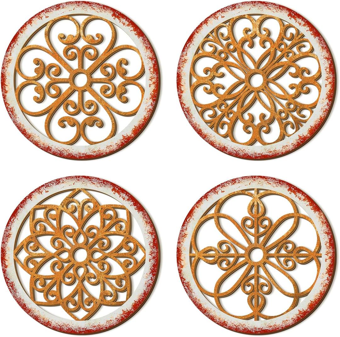 Yulejo 4 Pcs Thicken Rustic Wall Decor Farmhouse Kitchen Wall Round Art Wooden Hollow Carved Design Rustic Art for Living Room Bedroom Hallway Decor (15.7 x 15.7 Inch,Light Brown)