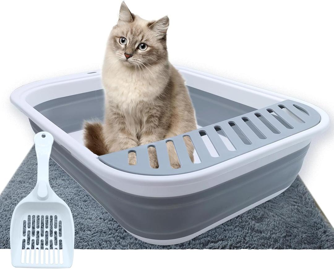 Collapsible Small Cat Litter Box,Open Top Cats Litter Pan with Scoop Waterproof & Foldable Kitten Potty Toilet Anti-Splashing Low Entry Kitty Travel Litter Tray Semi-Enclosed Easy Clean(Gray)