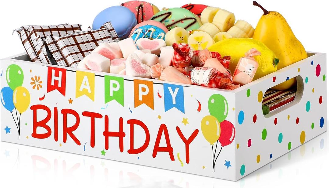 Birthday Party Supplies Decorations Wooden Happy Birthday Snack Box Basket with Handles Party Trays and Platters Reusable Snack Holder Organizer Container for Food Cookies Bar Chips Candy