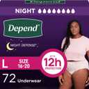 Depend Night Defense Adult Diapers, Incontinence & Postpartum Bladder Leak Underwear for Women, Disposable, Overnight, Large, Blush, 72 Count