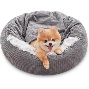 MIXJOY Small Dog Bed Cat Bed with Blanket Attached, Round Hooded Cozy Dog Cave Beds for Small Dogs, Soft Plush Cuddler Puppy Pet Bed, Anti-Slip Bottom, 23inch