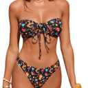 ZAFUL Womens Bandeau Tie Front Floral Ribbed Bikini Set Strapless Two Piece Swimsuit for Beach Vacation Summer Swimwear (Medium, A02 Black)