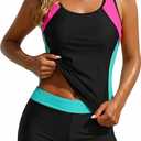 Daci Women 2 Piece Tankini Swimsuit - 2026 Tummy Control Sporty Bathing Suit Color Block Swim Tank Top with Boy Shorts (Black, XXL)