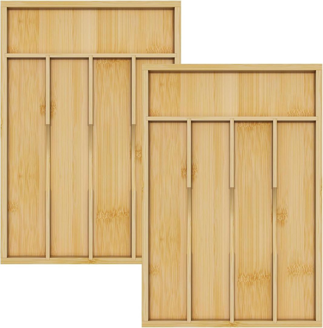 Bamboo Utensil Organizer for Kitchen Drawers, Utensil Tray and Cutlery Silverware Holder,Wood Drawer Dividers with 5 Slots2 pack