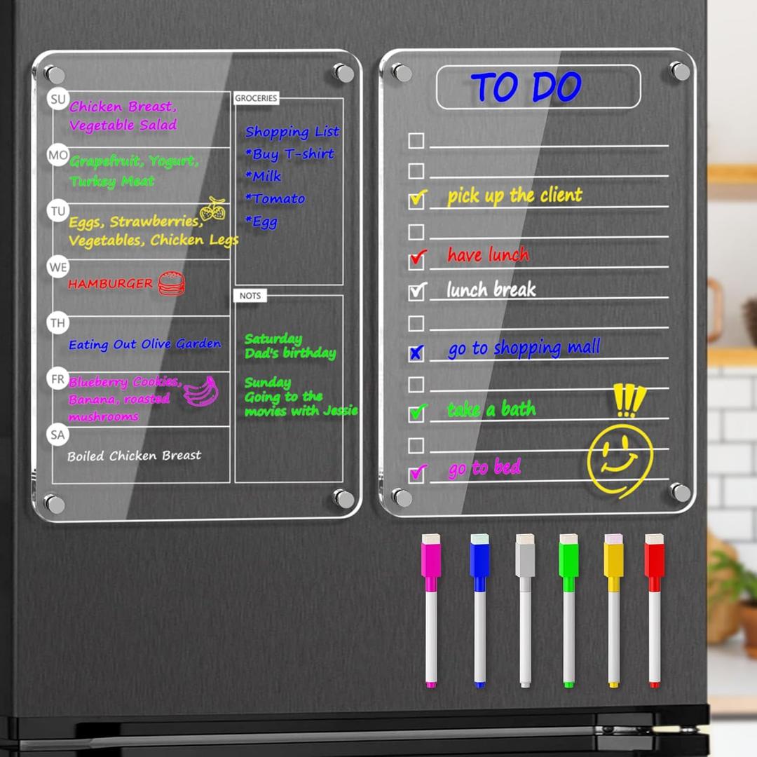 Magnetic Acrylic Weekly Planner and to Do List Set for Fridge 8"12" Clear Dry Erase Boards with 6 Markers, Reusable Fridge Whiteboard for Meal Planning, Chores, Office & Family Tasks
