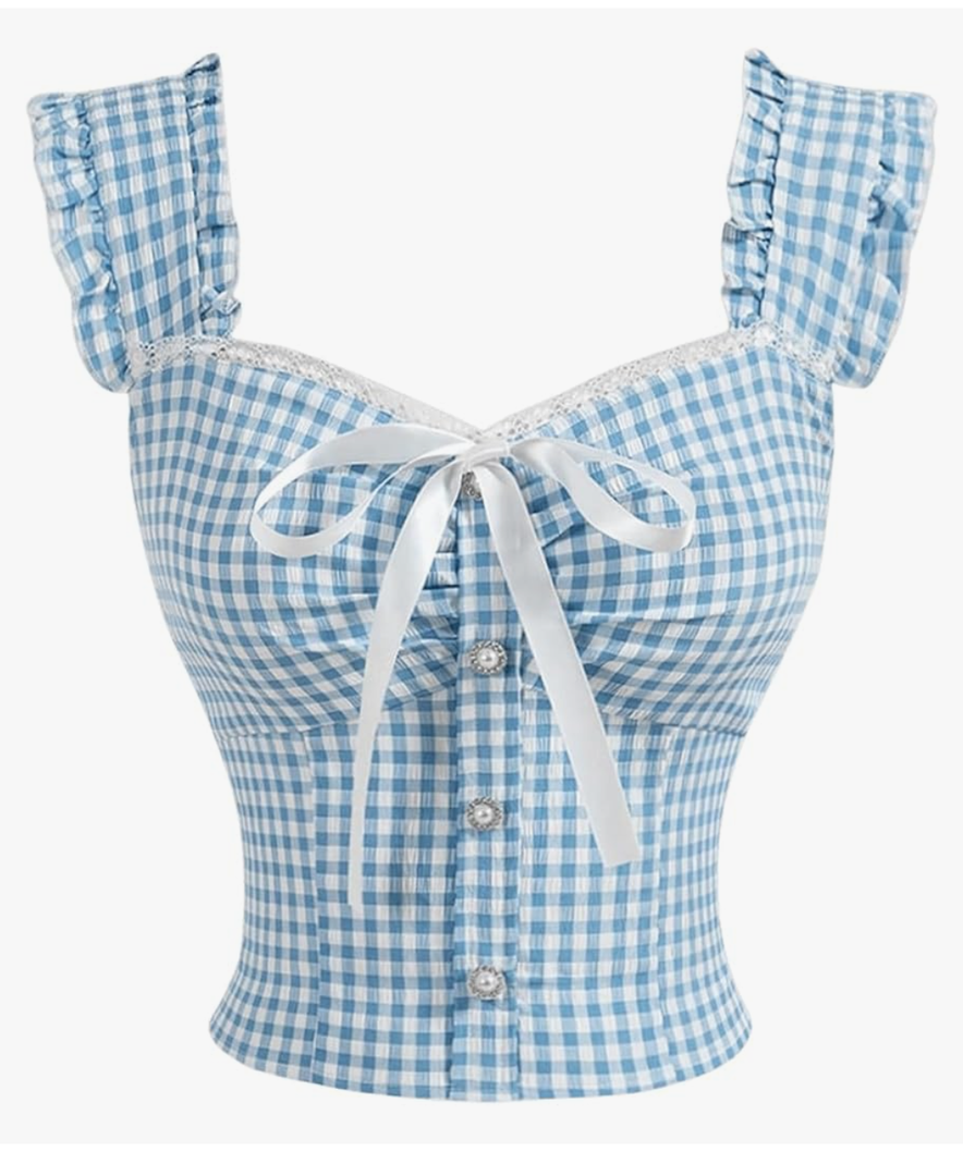 SweatyRocks Women's Bow Plaid Y2K Blouse Button Front Smocked Sleeveless Lace Tops,XS