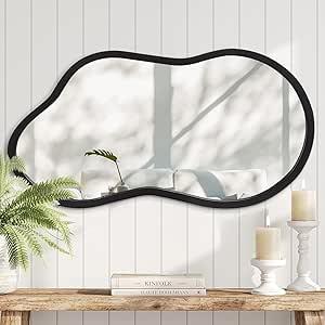 AAZZKANG Irregular Wall Mirror with Wood Framed Small Asymmetrical Black Hanging Mirrors