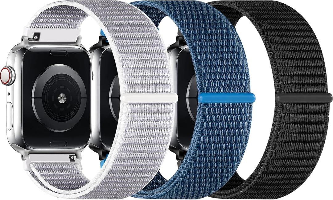 3 Pack Sport Loop Band Compatible with Apple Watch Bands 38mm 40mm 41mm 42mm 44mm 45mm 46mm 49mm for Women Men, Adjustable Breathable Nylon Straps for iWatch Series 10/9/8/7/6/5/4/3/SE/Ultra (Black+Blue+SeaShell)
