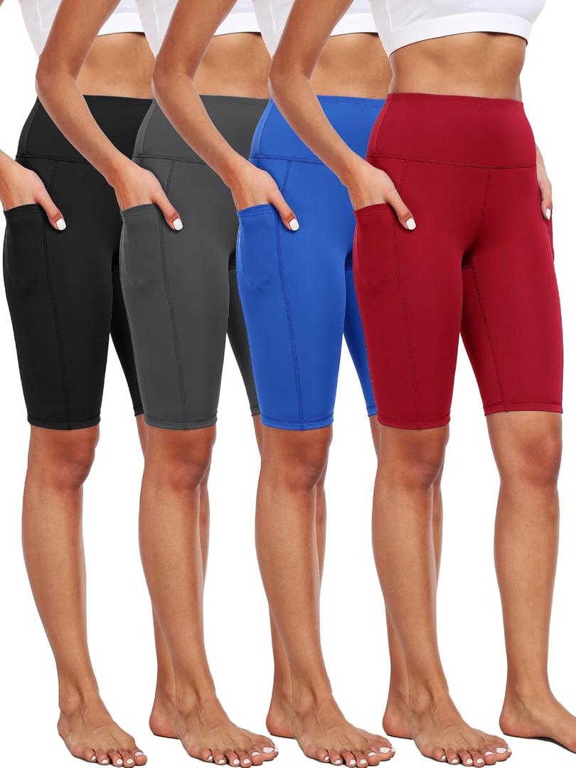 CADMUS 3/4 Pack Women Biker Compression Short Leggings for Yoga with Big Pockets (Large, 4 Packs: Black+Grey+Blue+Red)