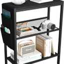 Yusong Small Narrow Side Table for Small Spaces, Slim End Table with Storage Bag, Sofa Snack Table with Adjustable Metal Mesh, 3 Tier Accent Skinny Beside Table for Living Room & Bedroom, Black Oak