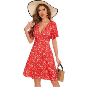 Summer Dresses for Women 2025 Vacation Casual V-Neck Wrap Sundress Knee Length Graduation Dress (X-Large, Red)
