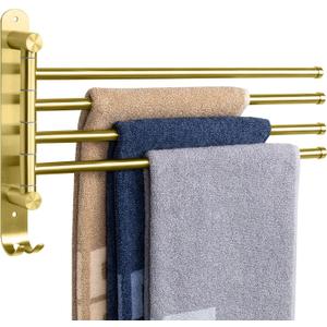 NearMoon Swivel Towel Rack, Thicken SUS304 Stainless Steel 4-Arm Towel Bar, Space Saving Wall Mounted Towel Holder with Hook, Rustproof Swing Out Towel Hanger for Bathroom, Kitchen (Brushed Gold)