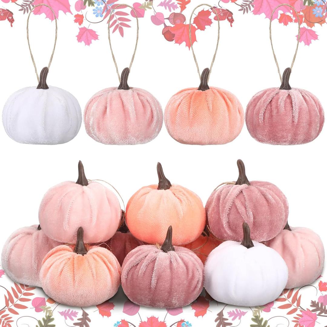 12 Pcs Thanksgiving Pumpkin Hanging Ornament 2 Inches Velvet Thanksgiving Fall Tree Decorations Fabric Small Tree Decorations for Farmhouse Harvest Autumn Home Party Decor (Pink and White)