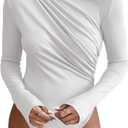 SweatyRocks Women's Bodysuit Mock Neck Casual Ruched Long Sleeve Jumpsuit White L