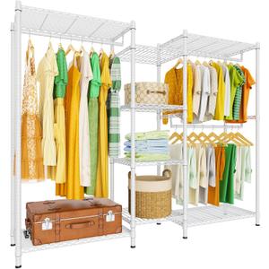 LEHOM G6M Heavy Duty Clothes Rack for Hanging Clothes, Portable Garment Rack Compact Size Closet Organizer, Freestanding Metal Clothing Rack Wardrobe Closet with Storage Shelves for Bedroom, White