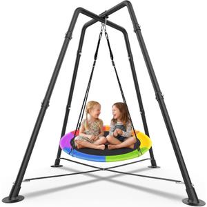Swing Set with 35'' Saucer Swing, Sensory Swing Set, Metal 32mm Diameter Swing Stand with Saucer Swing, X-Shaped Swing Frame, w/4 Ground Stakes, for Indoor and Outdoor 330LBS (Multicolor)