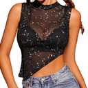 Avidlove Women Camisole Tops Sheer Mock Neck Tank See Through Summer Mesh Shirts Asymmetrical Top Clubwear Silver Star Medium (Black)