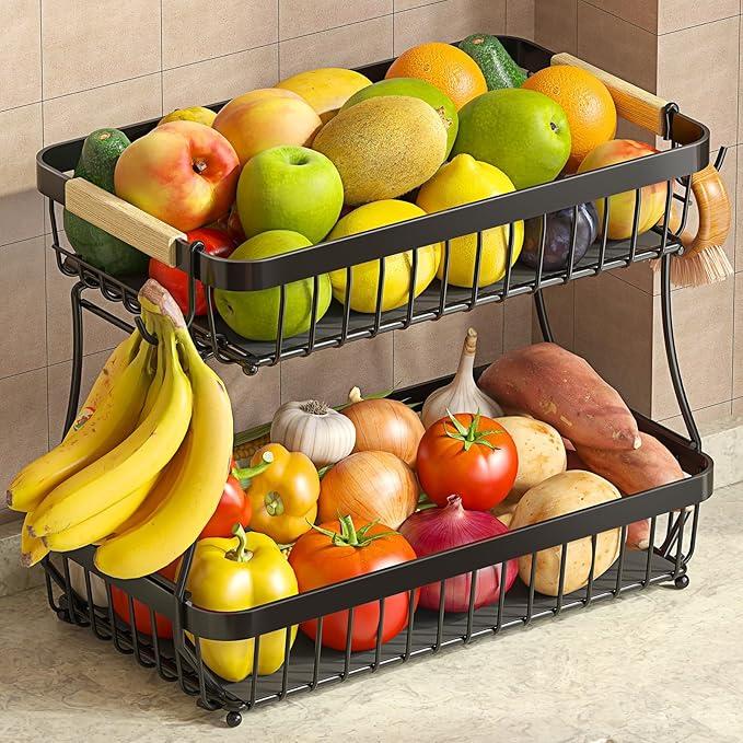 2-Tier Fruit Basket with Banana Hangers, Detachable Metal Bowl | Wooden handle, protective mats included. Versatile holder for bread, snacks, and veggies. Large 2 tier metal design.