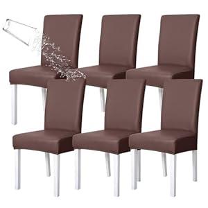 Oloepfo Waterproof PU Leather Chair Covers, Anti-Cat Scratch, Oilproof, Stretch Dining Chair Covers Set of 6, Removable Washable Parson Chair Silpcover for Home Kitchen Banquet Hotel Ceremony- Coffee